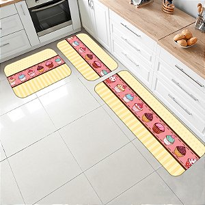 Kit Jogo Tapetes para Cozinha Antiderrapante 3 pçs Estampa Cupkakes