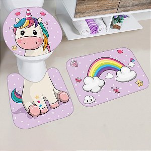 kit jogo Tapetes Banheiro Infantil Estampa Unicórnio Antiderrapante 3 peças