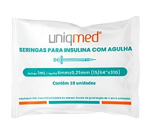 SERINGA FIXA PARA INSULINA UNIQMED 1ML 6MM X 31G - 10 Unidades