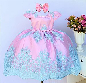 Vestido Rosa / Renda Azul