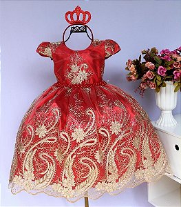 Vestido Vermelho / Renda Dourada