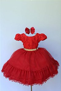 Vestido Vermelho Peito Rendado