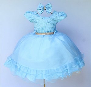 Vestido Festa Luxo Azul Bebé