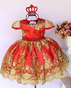 Vestido Vermelho / Renda Dourada
