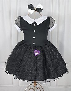 Vestido Wandinha Festa Luxo Preto Brilho