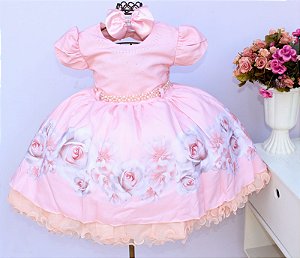 Vestido Rosa Floral Luxo