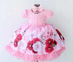 Vestido Rosa Floral Luxo Detalhe No Peito