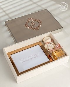 Caixa convite para padrinhos Tampa de vidro bronze Porta retratos, aromatizador e chaveiro ursinho