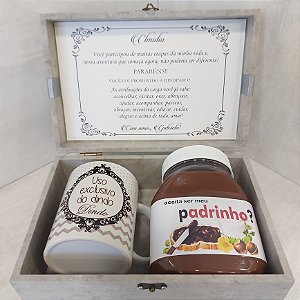 Caixa convite para padrinhos – caneca personalizada e nutella
