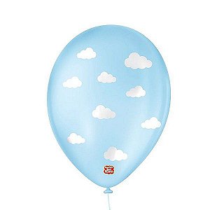 Balão de Festa Decorado Nuvenzinhas - Azul Baby e Branco 9" 23cm - 25 Unidades - Balões São Roque