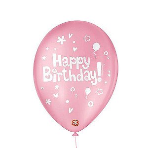 Balão de Festa Decorado Happy Birthday - Rosa Tutti Frutti 9" 23cm - 25 Unidades - Balões São Roque