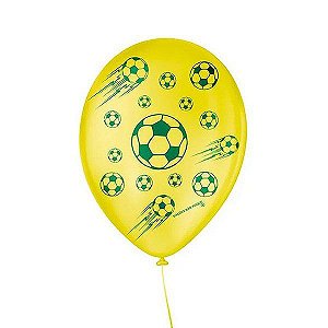 Balão de Festa Decorado Futebol - Amarelo e Verde 9" 23cm - 25 Unidades - Balões São Roque