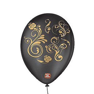 Balão de Festa Decorado Arabesco - Preto Ébano e Dourado - Balões São Roque - Rizzo