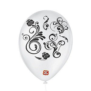 Balão de Festa Decorado Arabesco - Branco Polar e Preto Ébano - Balões São Roque - Rizzo