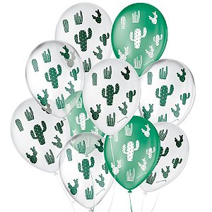Balão de Festa Decorado Cacto - Branco Verde e Cristal Sortido 9" 23cm - 25 Unidades - Balões São Roque