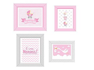 Quadro Decorativo Com Moldura Festa Cha de Bebe Menina 04 Unidades - Regina - Rizzo Festas