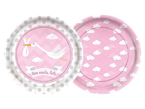 Prato Papel Redondo 18 Cm Festa Festa Cha de Bebe Menina 12 Unidades - Regina - Rizzo Festas