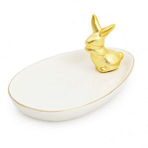 Prato Ovo Cerâmica com Coelho Ouro 5x13x8cm - 01 unidade - Cromus Páscoa - Rizzo Embalagens