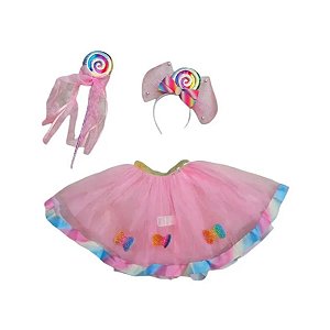 Kit Fantasia Carnaval - Princesa Candy Pirulito - Rosa Bebê - Mod:262- 01 unidade - Rizzo