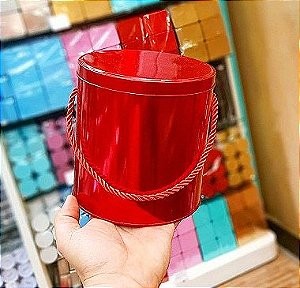 Lata Redonda para Lembrancinha com Alça Vermelha - 14 x 14cm - Artegift - Rizzo
