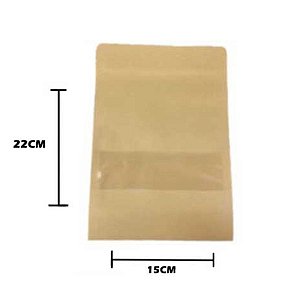 Saco de Papel Kraft com Visor Stand Up Pouch Zip 15x22cm - 50 un - Hermético Fosco p Fora Impermeável p dentro - Rizzo