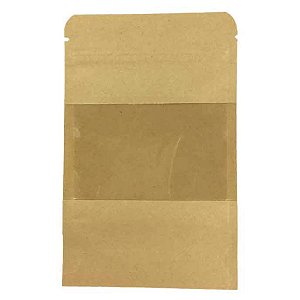 Saco de Papel Kraft com Visor Stand Up Pouch Zip 9x14cm - 10 un - Hermético Fosco p Fora Impermeável p dentro - Rizzo
