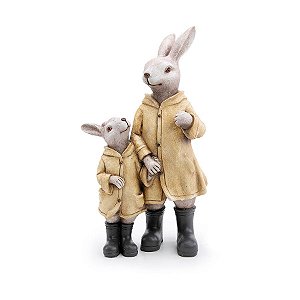 Coelho Decorativo em Resina com Filhote Amarelo e Preto Rain Coat - 1 unidade - Cromus - Rizzo