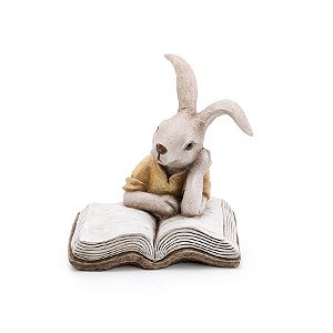 Coelho Decorativo de Resina Lendo Livro Amarelo e Bege - Rain Coat - 1 unidade - Cromus - Rizzo