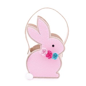 Cesta em Feltro Coelho Sentado Com Flores Rosa G - 1 unidade - Cromus - Rizzo