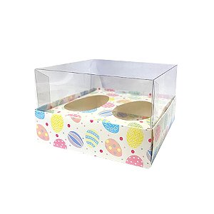 Caixa Ovo de Colher Duplo - Meio Ovo de 50g a 80g - 10,5x12x7cm - Estampa Páscoa Branco - 5 unidades - Assk - Rizzo