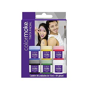 Tinta Facial Líquida 15 mL Cartela de 6 Cores + 01 Pincel - 1 unidade Pct. c/ 6 unds. - ColorMake - Rizzo