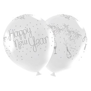 Balão de Festa Redondo Profissional Látex Decorado 11" 28cm - Happy New Year Branco - 25 Unidades - Art-Latex