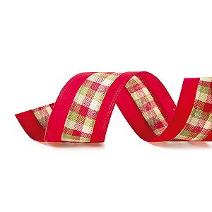 Fita Decorativa Natal Xadrez No Centro - Verde & Vermelho - 6,3x914cm - 1 UN - Cromus - Rizzo