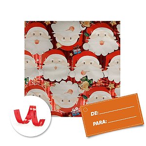Kit Saco para Presente + Fecho de Natal + Papai Noel Fundo Vermelho 20cm x 29cm 01 Unidade Cromus Rizzo