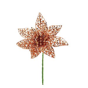 Flor Cabo Curto Telada Rose Gold com Glitter 20cm - 01 unidade - Cromus Natal - Rizzo