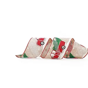 Fita Aramada de Natal - Caminhão com Árvore - Natural, Vermelho e Branco - 6,3cm x 9,14m  - 1 unidade - Cromus - Rizzo