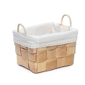Cestinha PicNic Retangular de Vime Natural com Tecido Branco - 01 unidade - Cromus