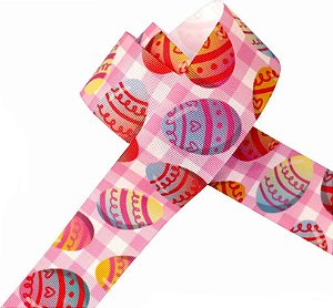Fita de Páscoa em Gorgurão 38mmx10m Xadrez Rosa e Ovos EGP009TR 214 Progresso