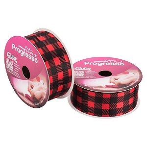 Fita de Cetim ECF007TR 30mm - Cor 006 - Xadrez Vermelho e Preto - Rolo 10 metros  - 1 unidade - Progresso  - Rizzo