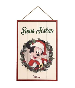 Quadro de Madeira Mickey Boas Festas 40cm - 01 unidade Natal Disney - Cromus - Rizzo