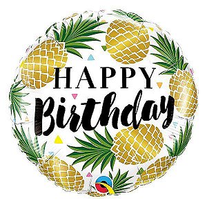Balão de Festa Microfoil 18" 45cm - Happy Birthday Abacaxi - 01 Unidade - Qualatex - Rizzo Balões