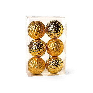 Kit Bolas Texturizadas Losango Dourado 8cm - 06 unidades - Cromus Natal - Rizzo