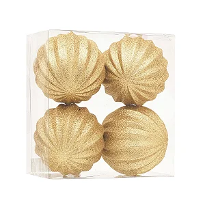 Kit Bolas Texturizadas Glitter Dourado 10cm - 04 unidades - Cromus Natal - Rizzo Embalagens