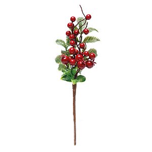 Galho Curto Folhas e Frutas Vermelhas 30cm - 01 unidade - Cromus Natal - Rizzo