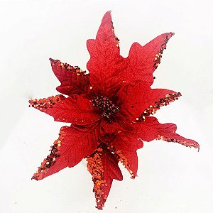 Flor Poinsétia Vermelha Com Lantejoula - 25 cm  - 1 unidade - Cromus - Rizzo