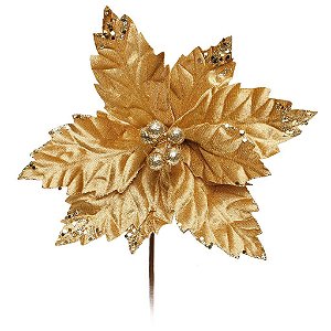 Flor de Natal Cabo Curto Poinsettia Ouro  - 01 unidade - Cromus Natal - Rizzo