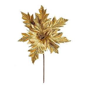 Flor Cabo Médio Poinsettia Veludo e Ouro Glitter 35cm - 01 unidade - Cromus Natal - Rizzo Embalagens