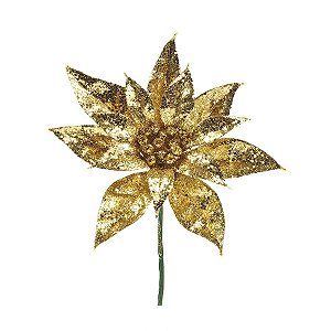 Flor Cabo Curto Dourado com Glitter 25cm - 01 unidade - Cromus Natal - Rizzo