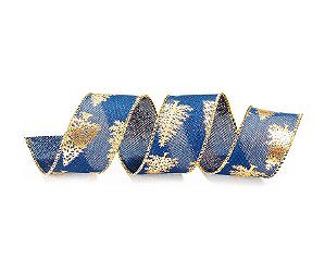 Fita Aramada Azul com Árvores Ouro 6,3cm x 9,14m - 01 unidade - Cromus Natal