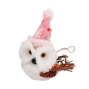 Coruja Decorativa com Gorro de Natal - Branco/Rosa - 14cm - 1 unidade - Rizzo